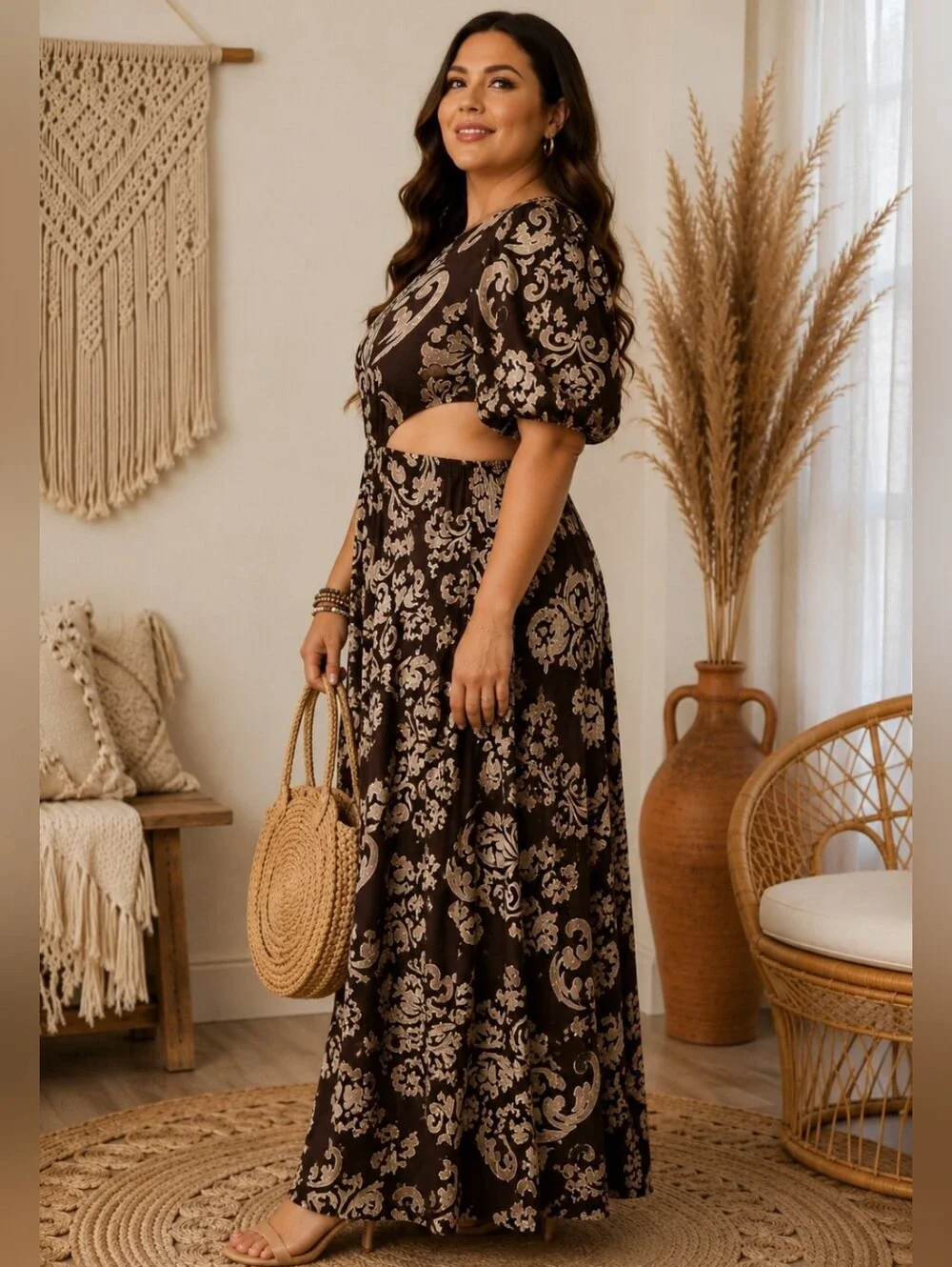 Abercrombie & Fitch Damask Print Side Cutout Puff Sleeve Maxi Dress XL